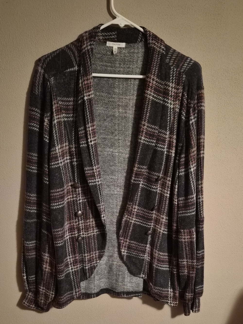 Maurices Plaid Open-Front Cardigan Sweater - Gray, Cream, Pink